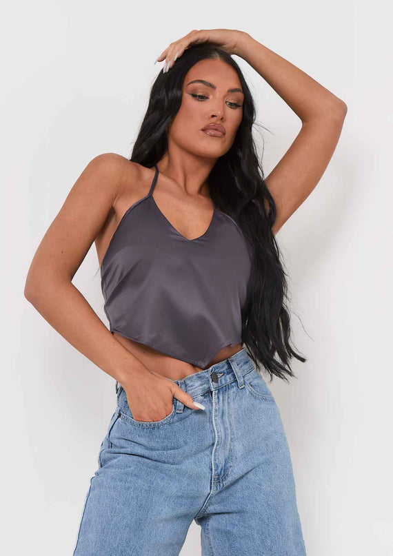 Missyempire Aliyah Grey Cross Strap Satin Tie Pointed Hem Top