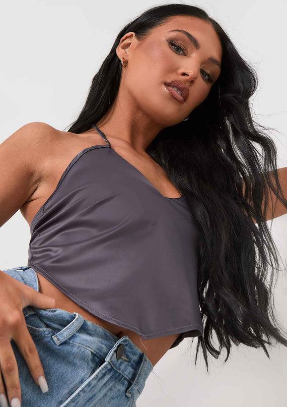 Missyempire Aliyah Grey Cross Strap Satin Tie Pointed Hem Top