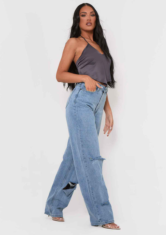 Missyempire Aliyah Grey Cross Strap Satin Tie Pointed Hem Top