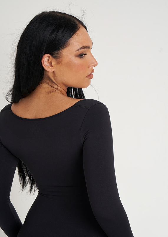Missyempire Amelia Black Seamless Long Sleeve Plunge Jumpsuit