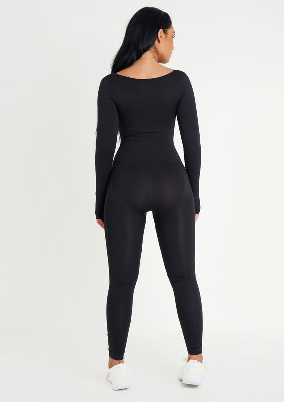 Missyempire Amelia Black Seamless Long Sleeve Plunge Jumpsuit