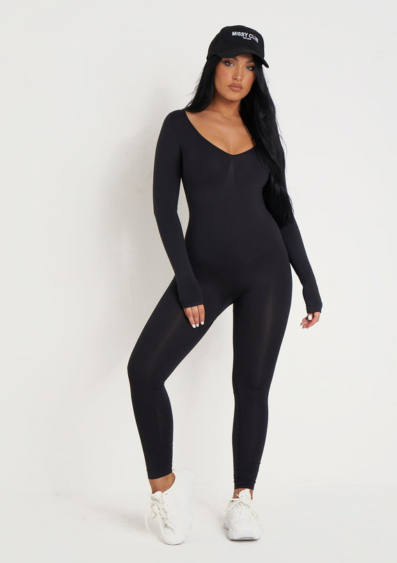 Missyempire Amelia Black Seamless Long Sleeve Plunge Jumpsuit