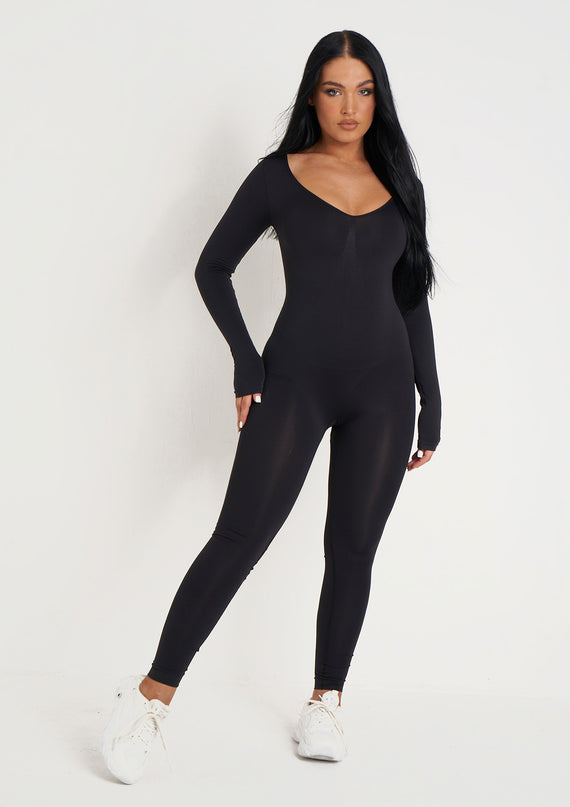 missyempire Amelia Black Seamless Long Sleeve Plunge Jumpsuit