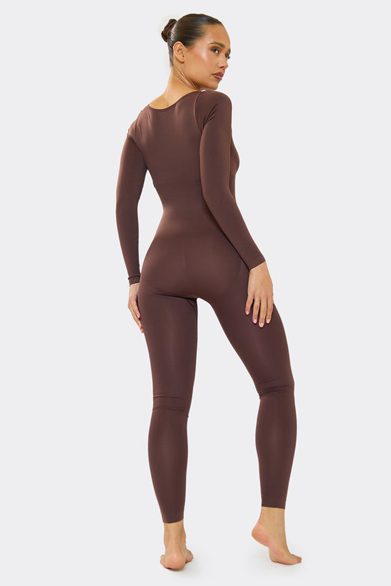 Missyempire Amelia Chocolate Seamless Long Sleeve Plunge Jumpsuit
