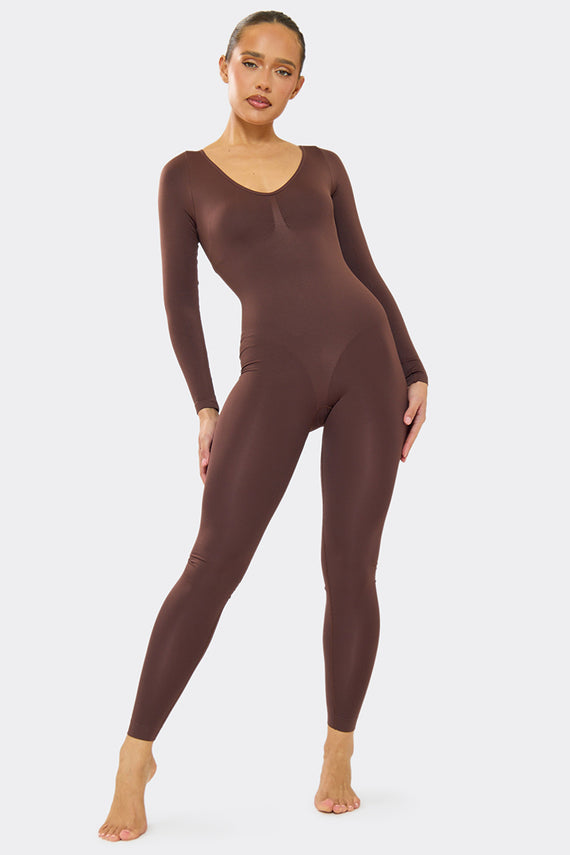 Missyempire Amelia Chocolate Seamless Long Sleeve Plunge Jumpsuit