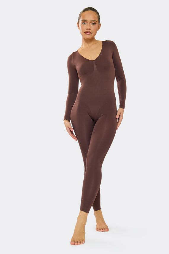 missyempire Amelia Chocolate Seamless Long Sleeve Plunge Jumpsuit