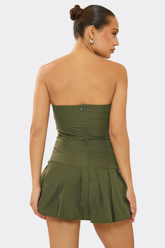 Missyempire Amelia Khaki Bandeau Pleated Skirt Belt Detail Mini Dress