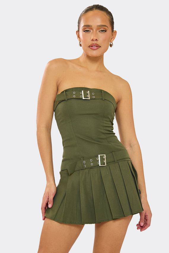 missyempire Amelia Khaki Bandeau Pleated Skirt Belt Detail Mini Dress