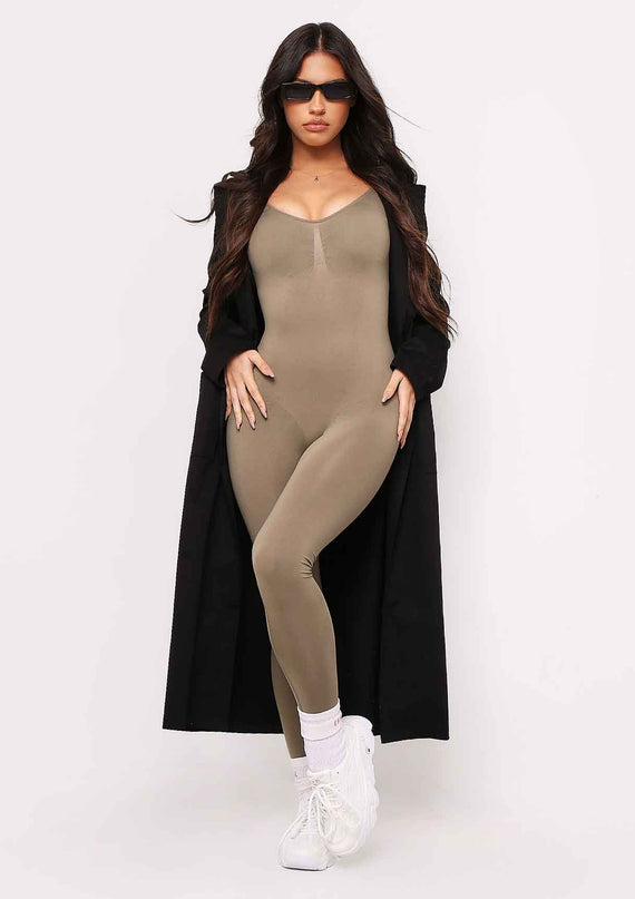 Missyempire Amelia Olive Seamless Long Sleeve Plunge Jumpsuit