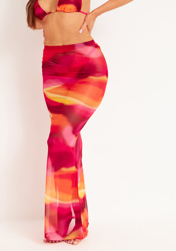 Missyempire Amirah Orange Multi Mesh Printed Maxi Skirt