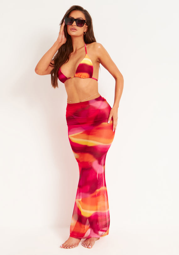 Missyempire Amirah Orange Multi Mesh Printed Maxi Skirt