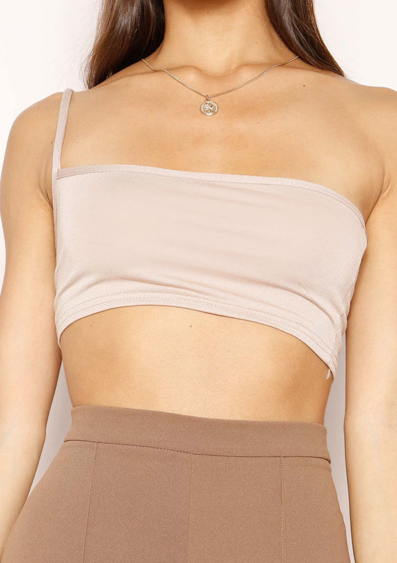Missyempire Andi Beige One Shoulder Jersey Crop Top