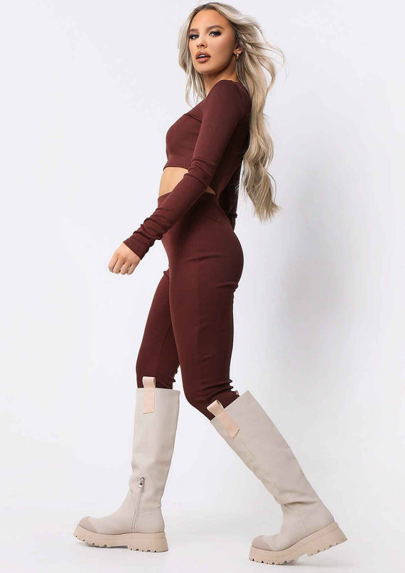 Missyempire Anila Chocolate Long Sleeve Thick Bandage Rib Crop Top