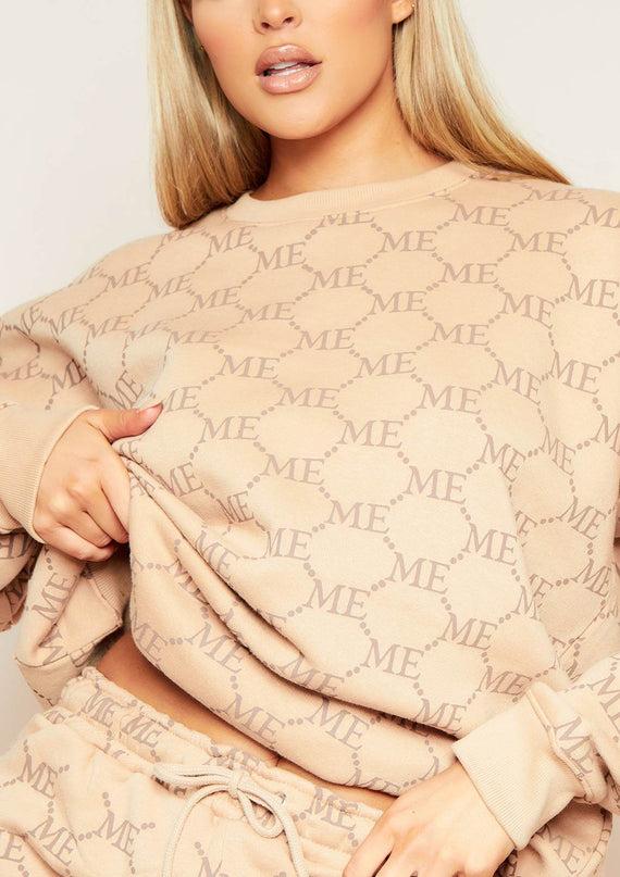 Missyempire Anisha Beige Missy Empire Repeat Slogan Print Oversized Sweatshirt