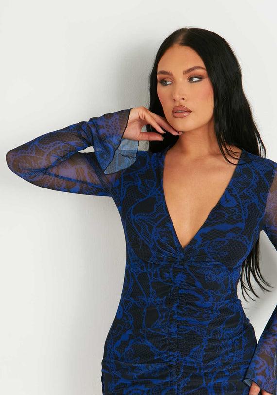 Missyempire Aniyah Blue Mesh Long Flared Sleeve Front Ruched Mini Dress