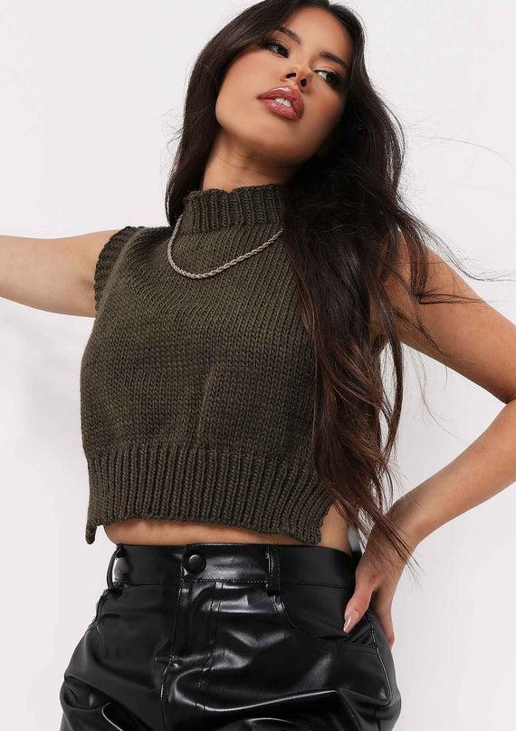 Missyempire Ariana Khaki Cropped Knitted Sleeveless Vest