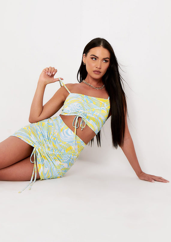 missyempire Ashlynn Blue Yellow Swirl Print Ruched Crop Top
