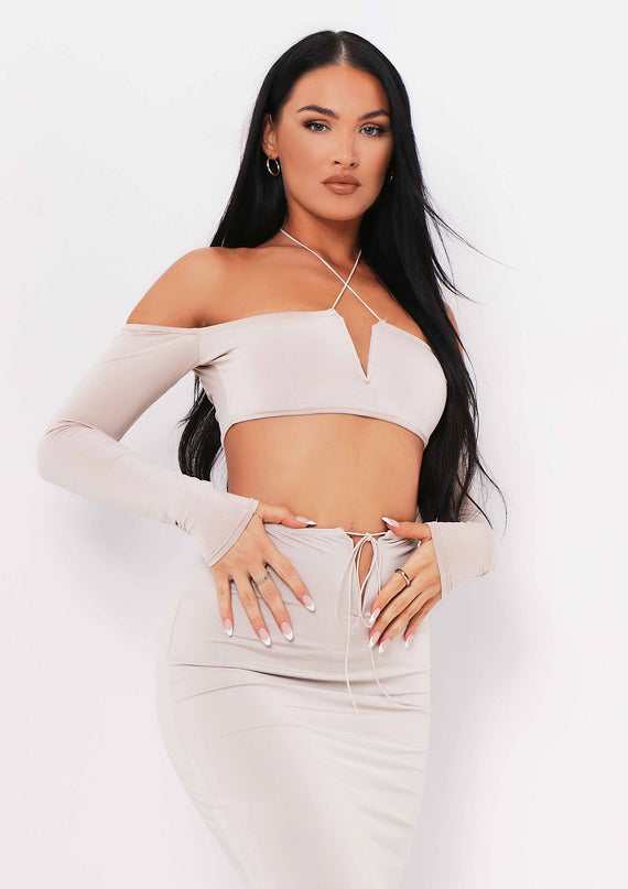 missyempire Aziza Sand Halterneck V Bar Cold Shoulder Crop Top