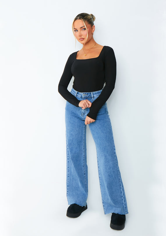 Missyempire Bailey Black Square Neck Long Sleeve Slinky Bodysuit