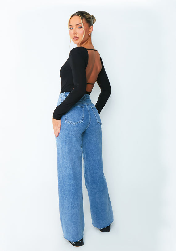 Missyempire Bailey Black Square Neck Long Sleeve Slinky Bodysuit