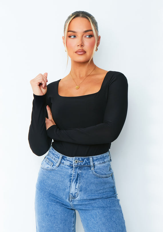 missyempire Bailey Black Square Neck Long Sleeve Slinky Bodysuit