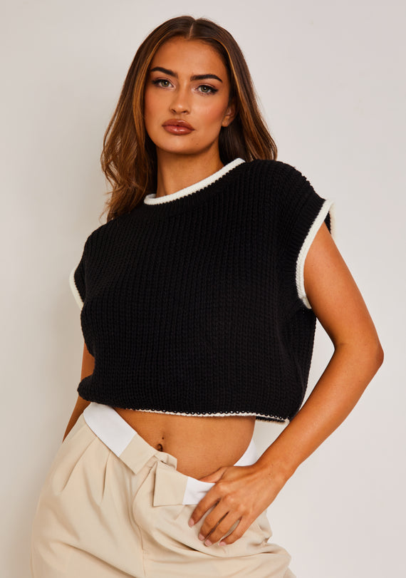 missyempire Beatrix Black & White Cropped Knitted Jumper Vest