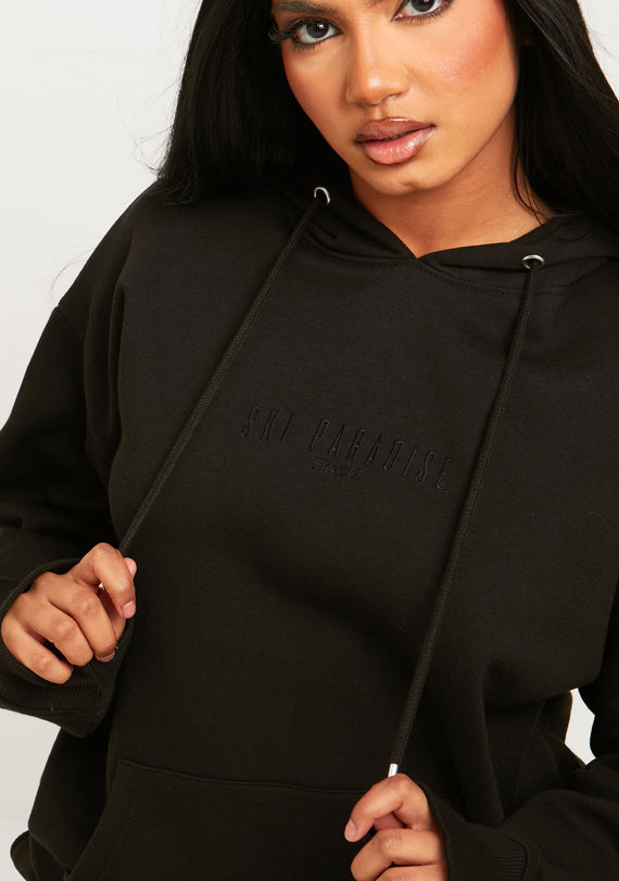 Missyempire Bella Black Ski Paradise Embroidered Oversized Hoodie