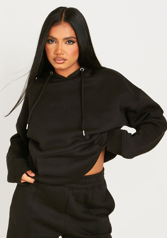 missyempire Bella Black Ski Paradise Embroidered Oversized Hoodie