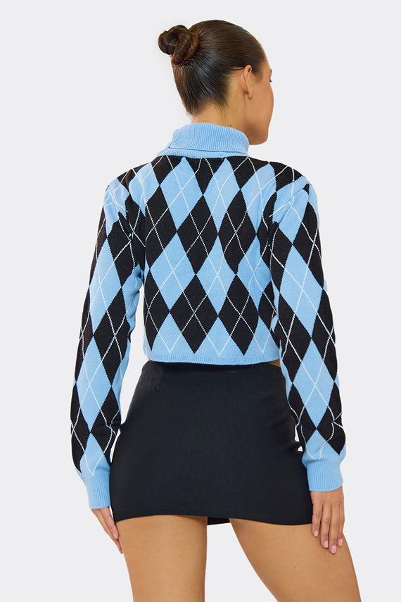 Missyempire Bella Blue Knitted High Neck Jacquard Cropped Jumper