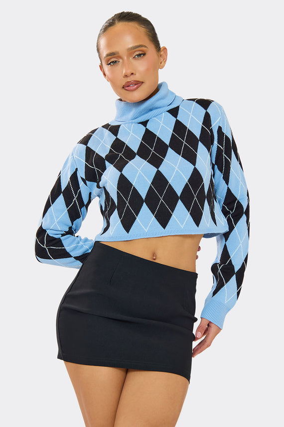 missyempire Bella Blue Knitted High Neck Jacquard Cropped Jumper