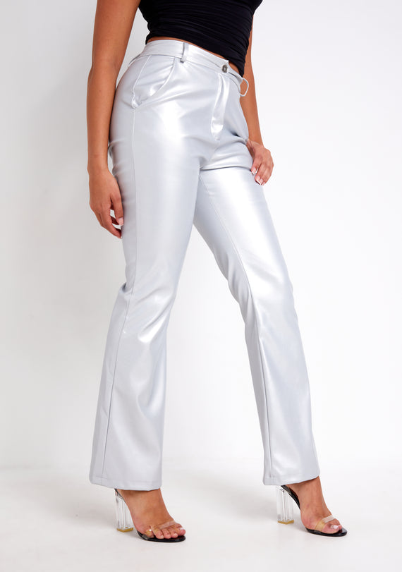 Missyempire Beth Silver Metallic High Waisted Faux Leather Trouser
