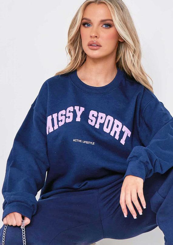 missyempire Bethan Navy Missy Sport Slogan Sweatshirt Co-ord