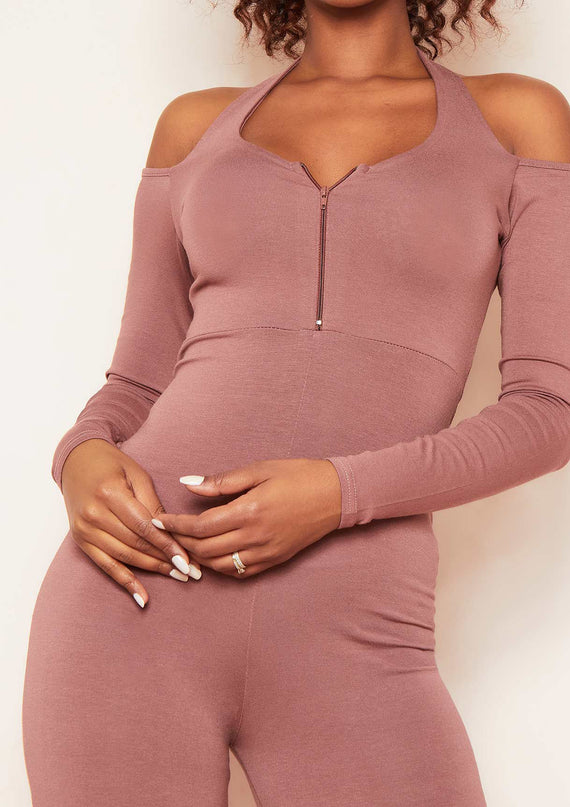 Missyempire Bonnie Mocha Halterneck Cut Out Long Sleeve Zip Up Jumpsuit