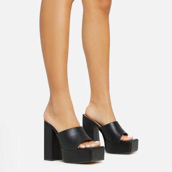 missyempire Bonnie Square Toe Platform Block Heel Mule In Black Faux Leather