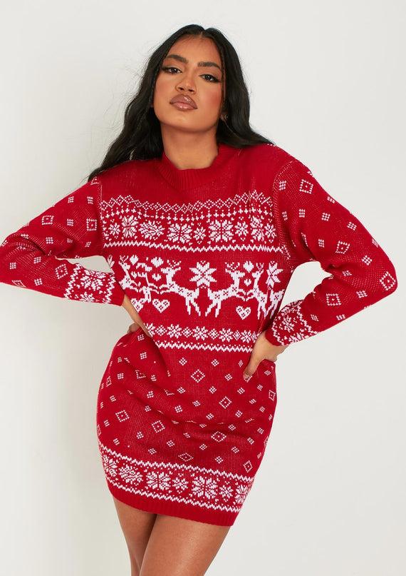 Missyempire Bridget Red Knitted Reindeer Mini Dress