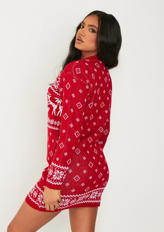 Missyempire Bridget Red Knitted Reindeer Mini Dress