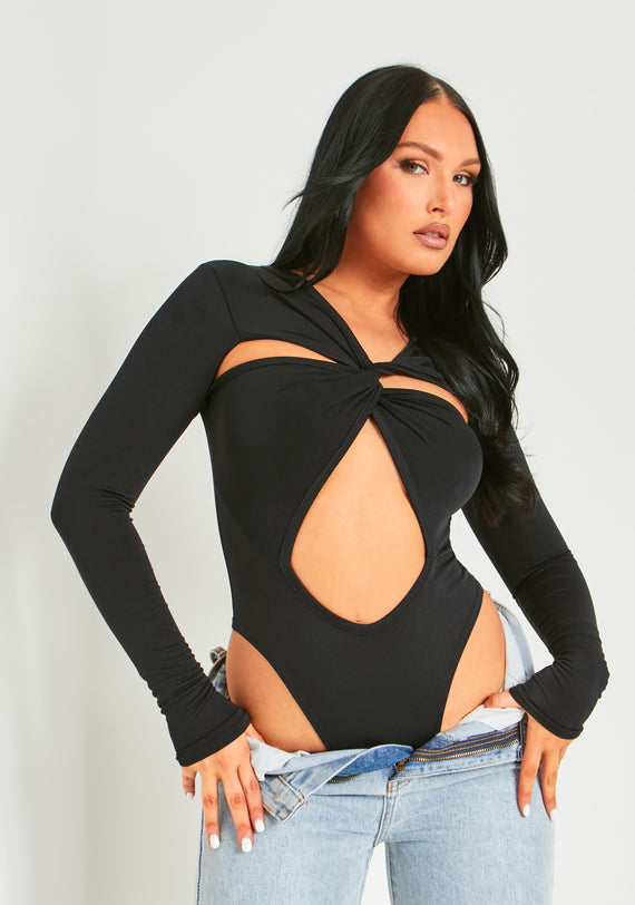 Missyempire Bronte Black Cut Out Asymmetric Long Sleeve Bodysuit