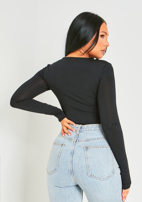 Missyempire Bronte Black Cut Out Asymmetric Long Sleeve Bodysuit