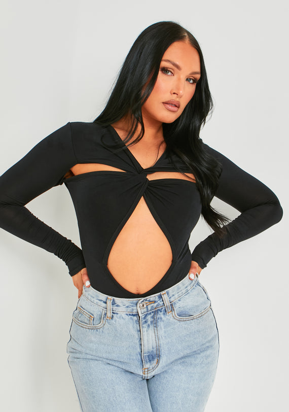missyempire Bronte Black Cut Out Asymmetric Long Sleeve Bodysuit
