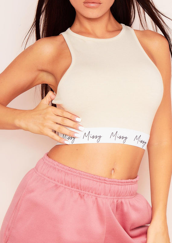 Missyempire Brynn Sand Missy Branded Racer Crop Top