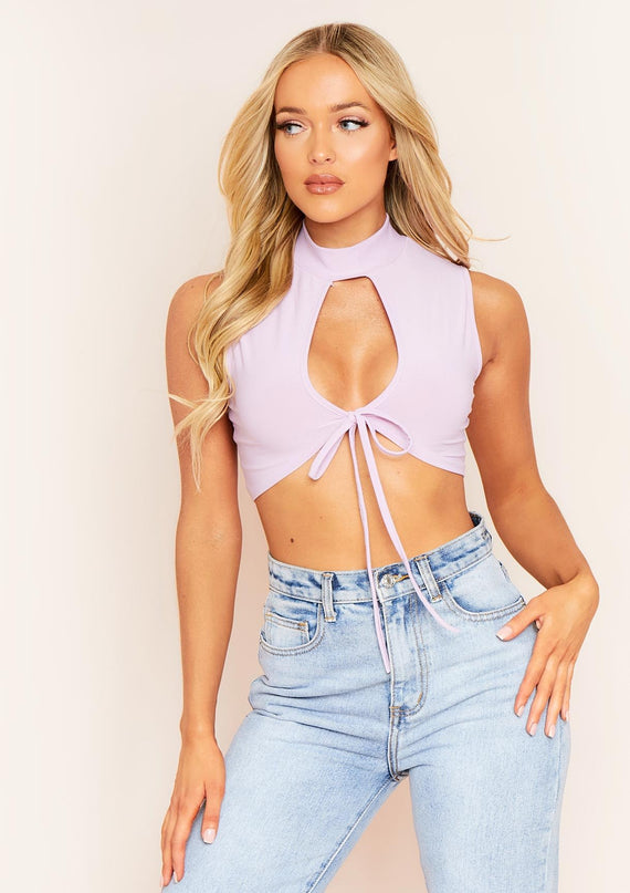 missyempire Caera Lilac Key Hole Lace Up High Neck Crop Top