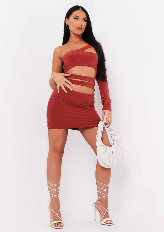 missyempire Cambria Burnt Orange One Sleeve Cut Out Mini Dress
