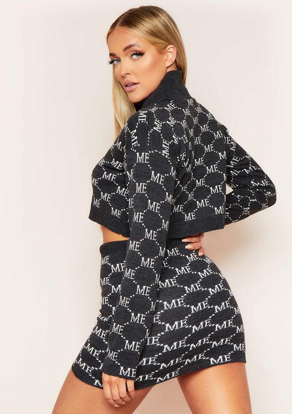 Missyempire Carly Charcoal Missy Empire Print Knitted Roll Neck Cropped Jumper
