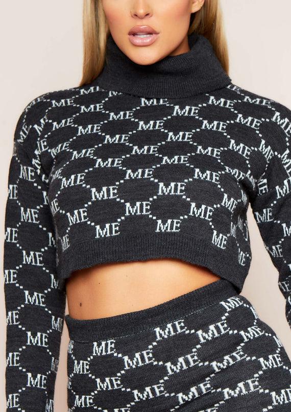 Missyempire Carly Charcoal Missy Empire Print Knitted Roll Neck Cropped Jumper