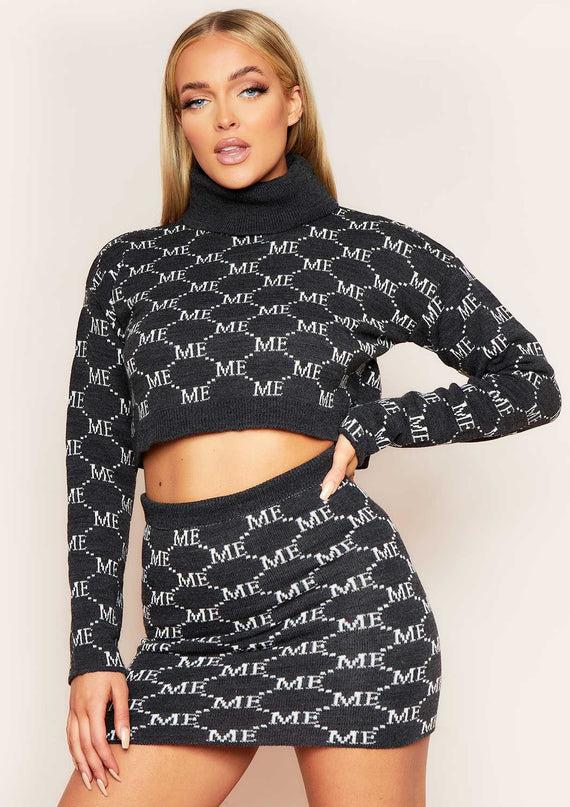 missyempire Carly Charcoal Missy Empire Print Knitted Roll Neck Cropped Jumper