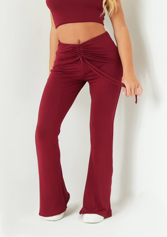 Missyempire Carmen Wine Ruched Front Fold Over Trouser