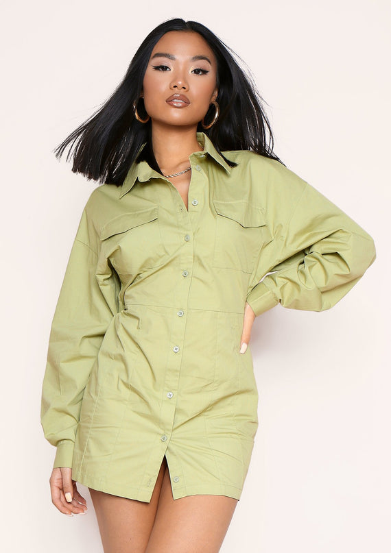missyempire Cecilia Sage Green Pocket Front Back Detail Shirt Dress
