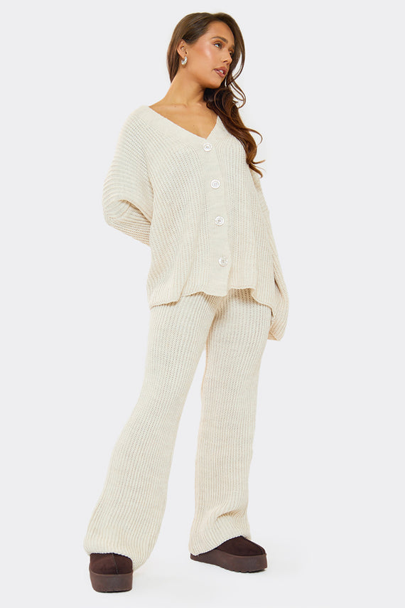 Missyempire Chantelle Beige Chunky Knit Cardigan & Trouser Co-Ord Set