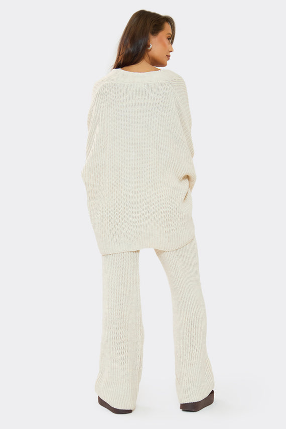 Missyempire Chantelle Beige Chunky Knit Cardigan & Trouser Co-Ord Set