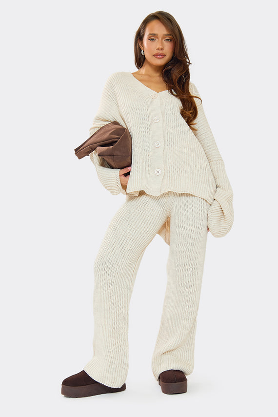 missyempire Chantelle Beige Chunky Knit Cardigan & Trouser Co-Ord Set